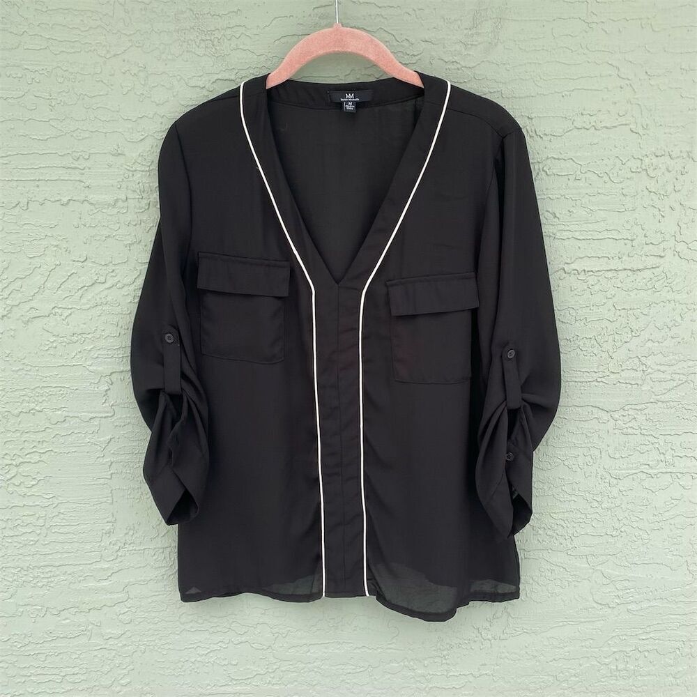 MM by My Michelle Women's Black V-Neck Blouse Size M Long Sleeve